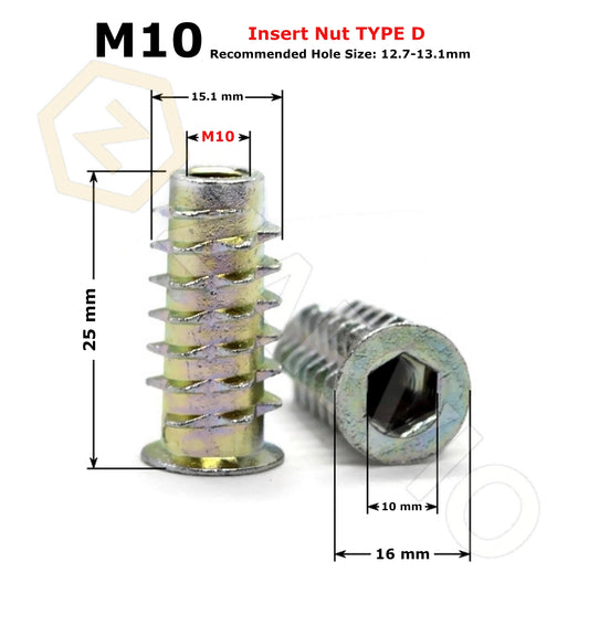 M10 x 25mm Hex Socket Flanged Wood Insert Nut – Type E – Yellow Zinc Plated
