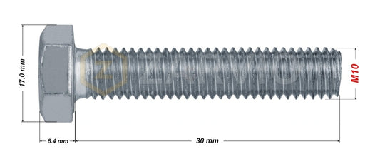 M10 x 30mm Hexagon Set Screw Kit (DIN 933) + Hex Nut (DIN 934) + 2 Washers (DIN 125) – Zinc Plated