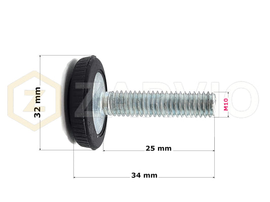 M10 x 34mm Adjustable Furniture Levelling Feet With Insert Nut