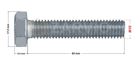 M10 x 60mm Hexagon Set Screw Kit (DIN 933) + Hex Nut (DIN 934) + 2 Washers (DIN 125) – Zinc Plated