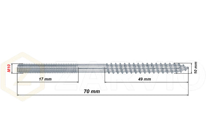 M10 x 70mm Wood to Metal Dowels Steel Hanger Bolts with Wing Nuts & Washers