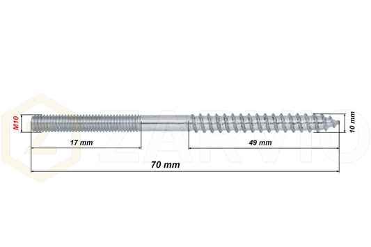M10 x 70mm Full Metric and Wood Hanger Bolt Dual Threaded Wood Connector
