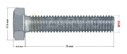 M10 x 75mm Hexagon Set Screw Kit (DIN 933) + Hex Nut (DIN 934) + 2 Washers (DIN 125) – Zinc Plated