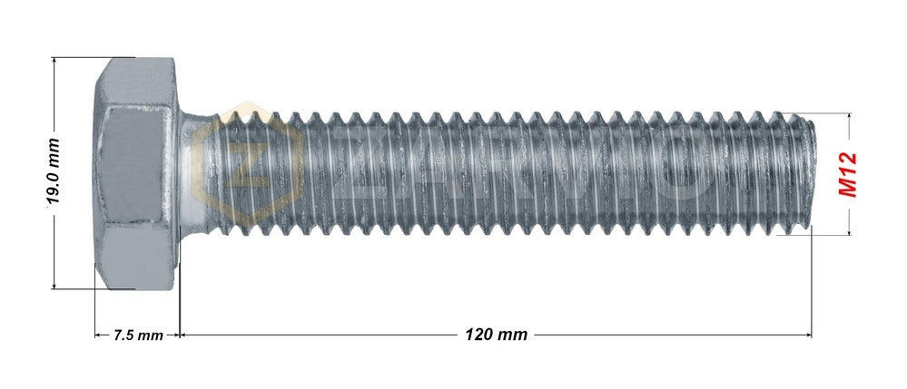 M12 x 120mm Hex Head Bolt Set (DIN 933) + Nylon Lock Nut (DIN 985) + 2 Washers (DIN 125) – Zinc Plated