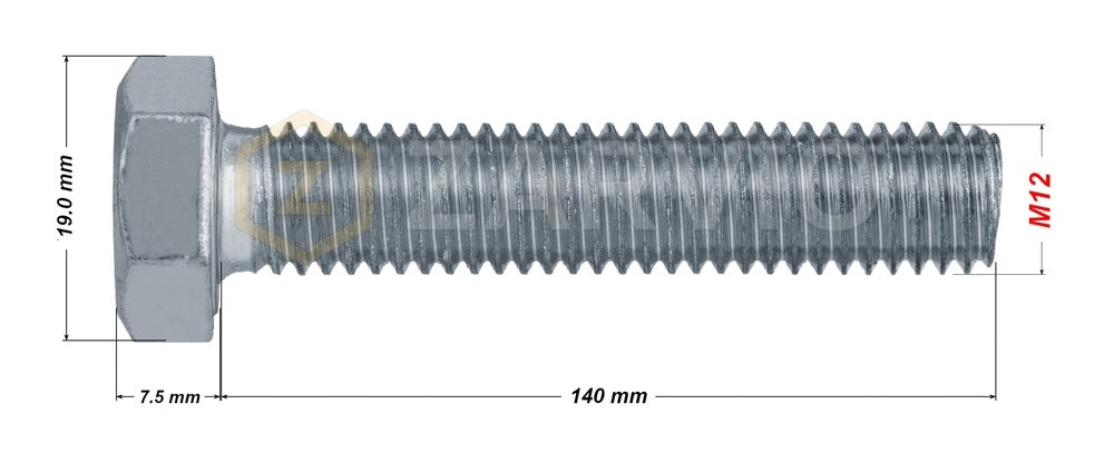 M12 x 140mm Hex Head Bolt Set (DIN 933) + Nylon Lock Nut (DIN 985) + 2 Washers (DIN 125) – Zinc Plated