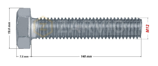 M12 x 140mm Hexagon Set Screw Kit (DIN 933) + Hex Nut (DIN 934) + 2 Washers (DIN 125) – Zinc Plated