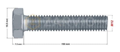 M12 x 150mm Hex Head Bolt Set (DIN 933) + Nylon Lock Nut (DIN 985) + 2 Washers (DIN 125) – Zinc Plated