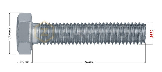 M12 x 16mm Hex Head Bolt Set (DIN 933) + Nylon Lock Nut (DIN 985) + 2 Washers (DIN 125) – Zinc Plated