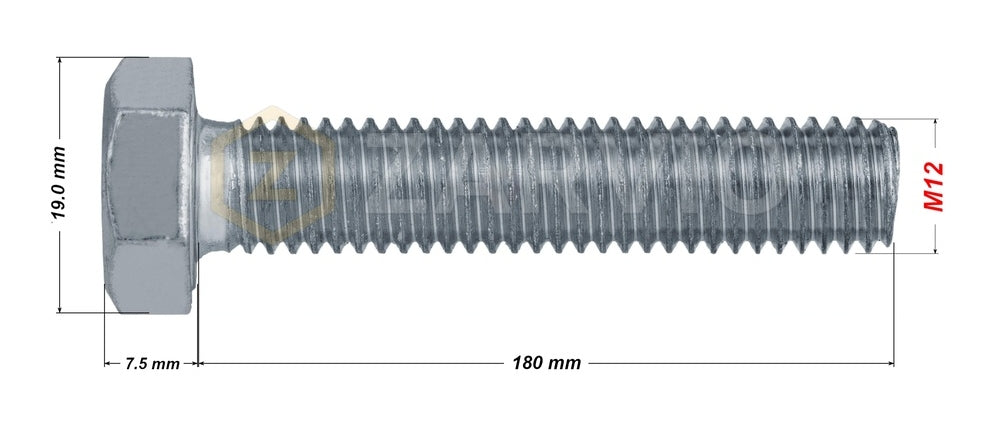 M12 x 180mm Hex Head Bolt Set (DIN 933) + Nylon Lock Nut (DIN 985) + 2 Washers (DIN 125) – Zinc Plated