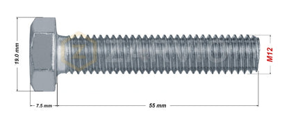 M12 x 55mm Hex Head Bolt Set (DIN 933) + Nylon Lock Nut (DIN 985) + 2 Washers (DIN 125) – Zinc Plated