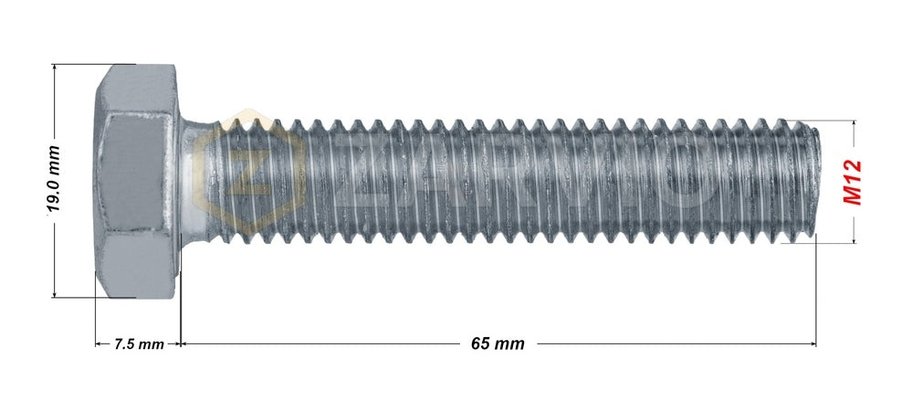 M12 x 65mm Hex Head Bolt Set (DIN 933) + Nylon Lock Nut (DIN 985) + 2 Washers (DIN 125) – Zinc Plated