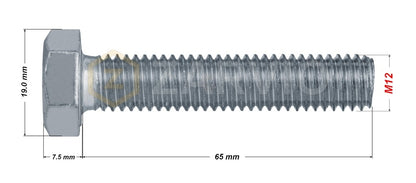 M12 x 65mm Hex Head Bolt Set (DIN 933) + Nylon Lock Nut (DIN 985) + 2 Washers (DIN 125) – Zinc Plated