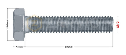M12 x 90mm Hex Head Bolt Set (DIN 933) + Nylon Lock Nut (DIN 985) + 2 Washers (DIN 125) – Zinc Plated