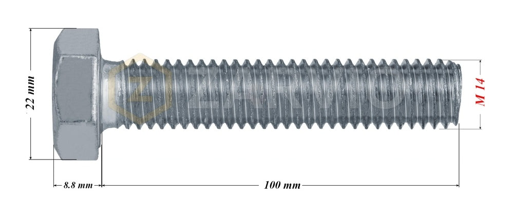 M14 x 100mm Hex Head Bolt Set (DIN 933) + Nylon Lock Nut (DIN 985) + 2 Washers (DIN 125) – Zinc Plated