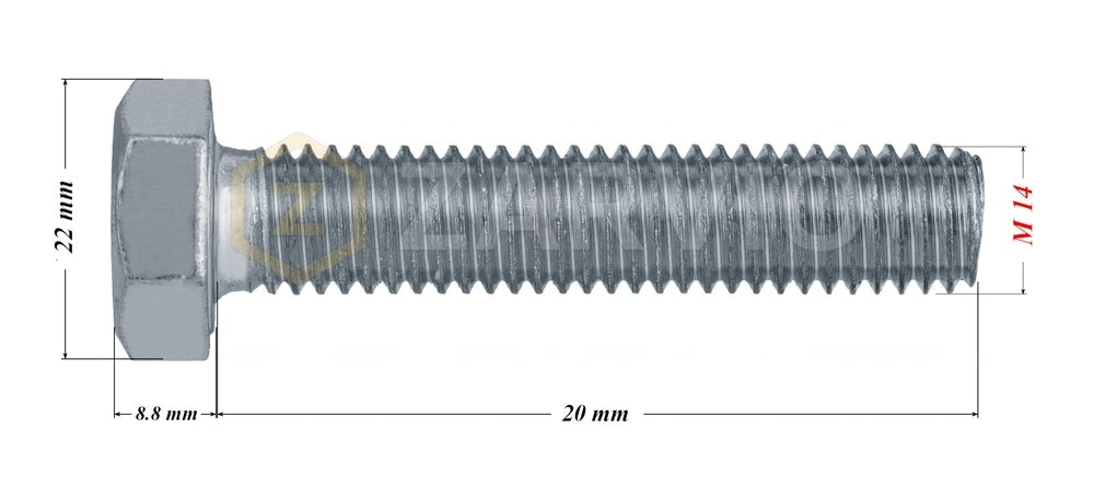 M14 x 20mm Hex Head Bolt Set (DIN 933) + Nylon Lock Nut (DIN 985) + 2 Washers (DIN 125) – Zinc Plated