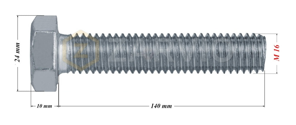 M16 x 140mm Hex Head Bolt Set (DIN 933) + Nylon Lock Nut (DIN 985) + 2 Washers (DIN 125) – Zinc Plated