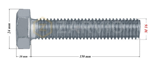 M16 x 150mm Hexagon Set Screw Kit (DIN 933) + Hex Nut (DIN 934) + 2 Washers (DIN 125) – Zinc Plated
