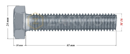 M16 x 65mm Hex Head Bolt Set (DIN 933) + Nylon Lock Nut (DIN 985) + 2 Washers (DIN 125) – Zinc Plated