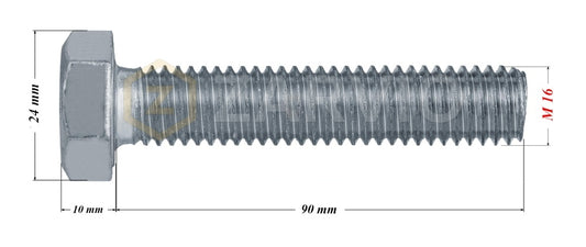 M16 x 90mm Hex Head Bolt Set (DIN 933) + Nylon Lock Nut (DIN 985) + 2 Washers (DIN 125) – Zinc Plated