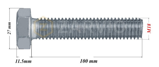 M18 x 100mm Hexagon Set Screw Kit (DIN 933) + Hex Nut (DIN 934) + 2 Washers (DIN 125) – Zinc Plated