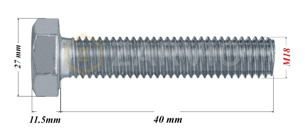 M18 x 40mm Hexagon Set Screw Kit (DIN 933) + Hex Nut (DIN 934) + 2 Washers (DIN 125) – Zinc Plated
