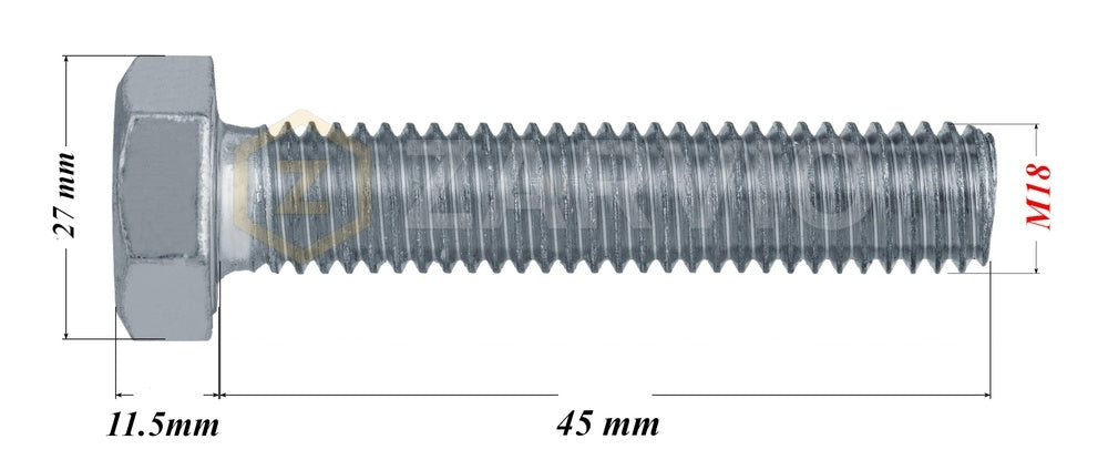 M18 x 45mm Hexagon Set Screw Kit (DIN 933) + Hex Nut (DIN 934) + 2 Washers (DIN 125) – Zinc Plated