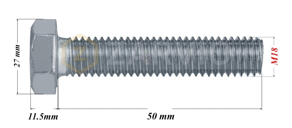 M18 x 50mm Hex Head Bolt Set (DIN 933) + Nylon Lock Nut (DIN 985) + 2 Washers (DIN 125) – Zinc Plated