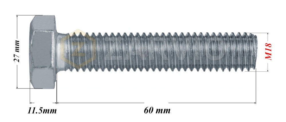 M18 x 60mm Hex Head Bolt Set (DIN 933) + Nylon Lock Nut (DIN 985) + 2 Washers (DIN 125) – Zinc Plated