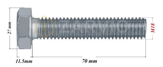 M18 x 70mm Hexagon Set Screw Kit (DIN 933) + Hex Nut (DIN 934) + 2 Washers (DIN 125) – Zinc Plated