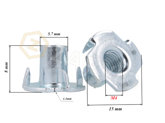 M4 x 8mm Pronged T‑Nuts for Wood
