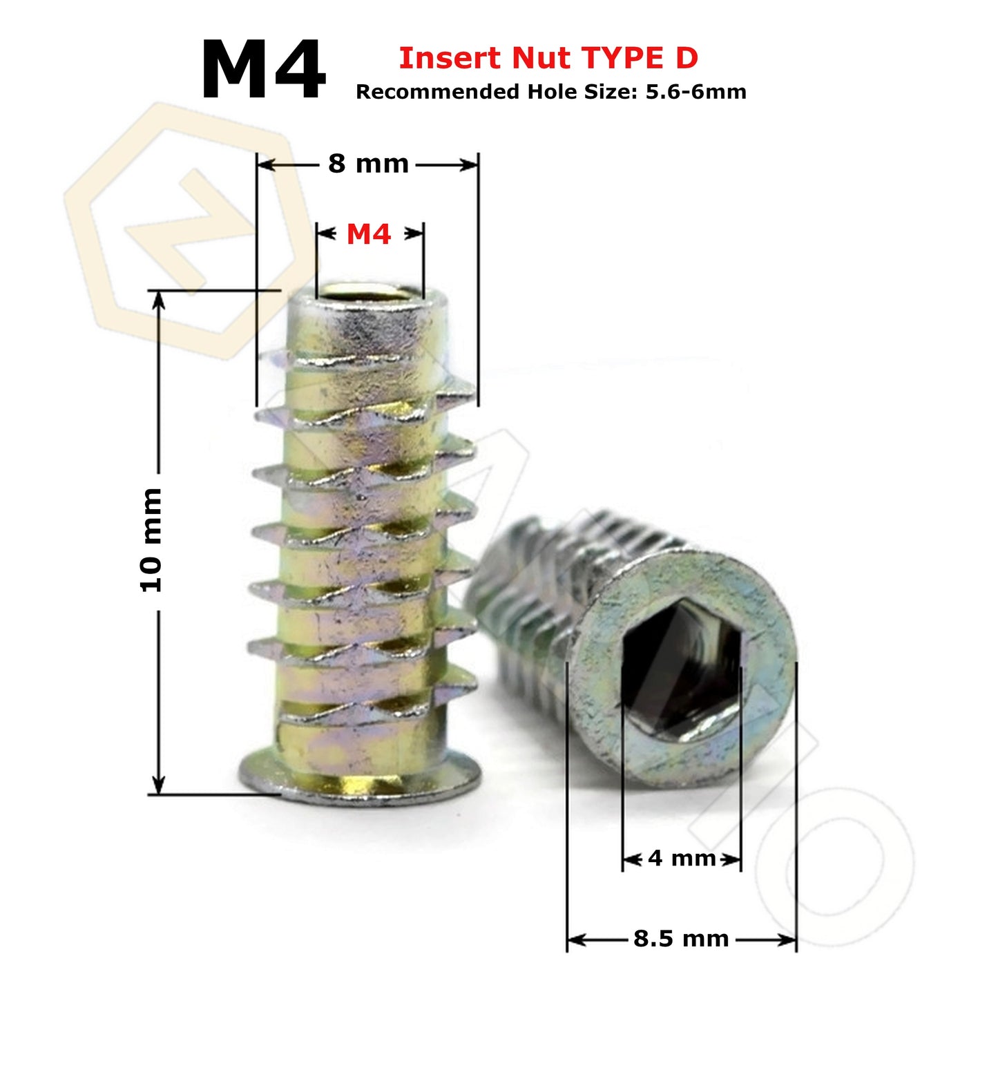 M4 x 10mm Hex Socket Flanged Wood Insert Nut – Type E – Yellow Zinc Plated