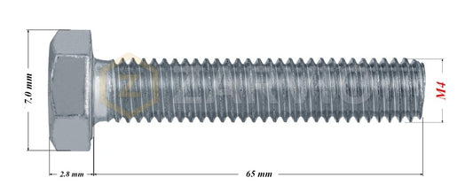 M4 x 65mm Hexagon Set Screw Kit (DIN 933) + Hex Nut (DIN 934) + 2 Washers (DIN 125) – Zinc Plated