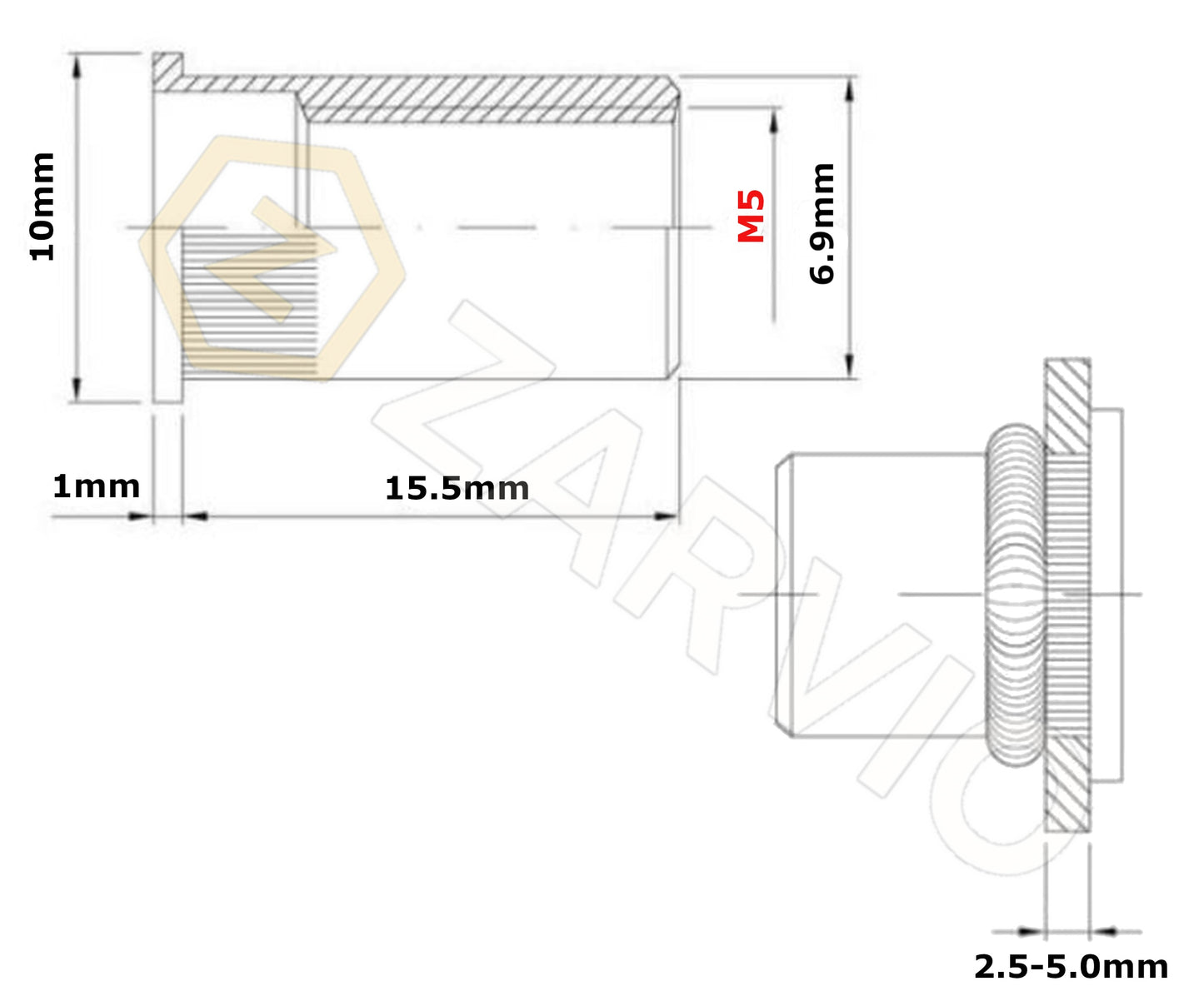 M5 x 15.5mm Steel Rivet Nut Flat Flange Knurled Open Type Zinc Plated