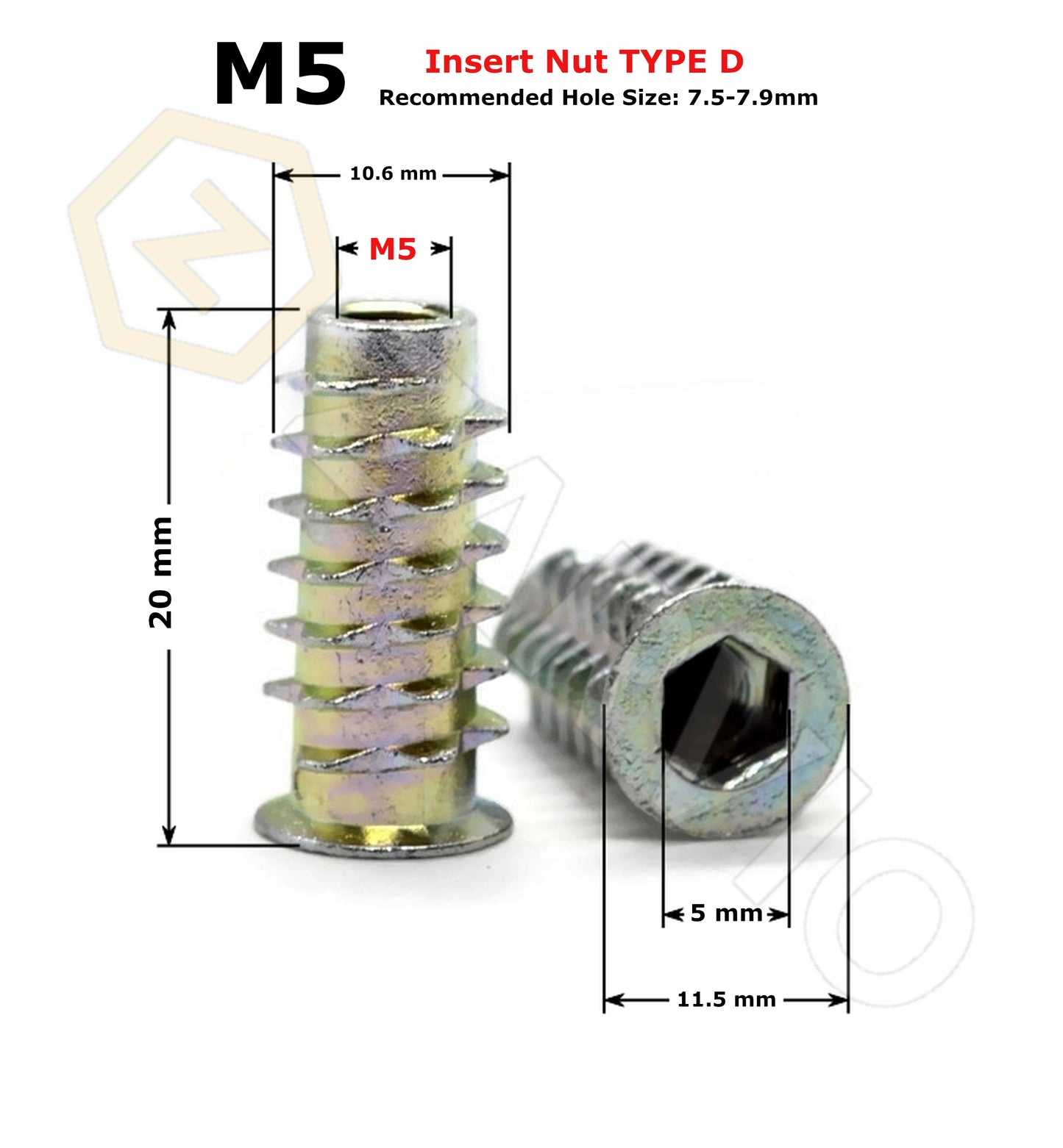 M5 x 20mm Hex Socket Flanged Wood Insert Nut – Type E – Yellow Zinc Plated