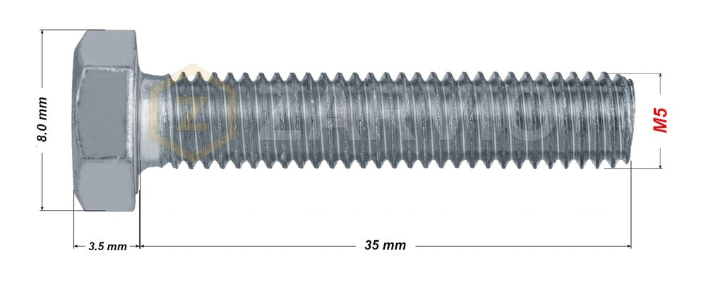 M5 x 35mm Hexagon Set Screw (DIN 933) – Zinc Plated
