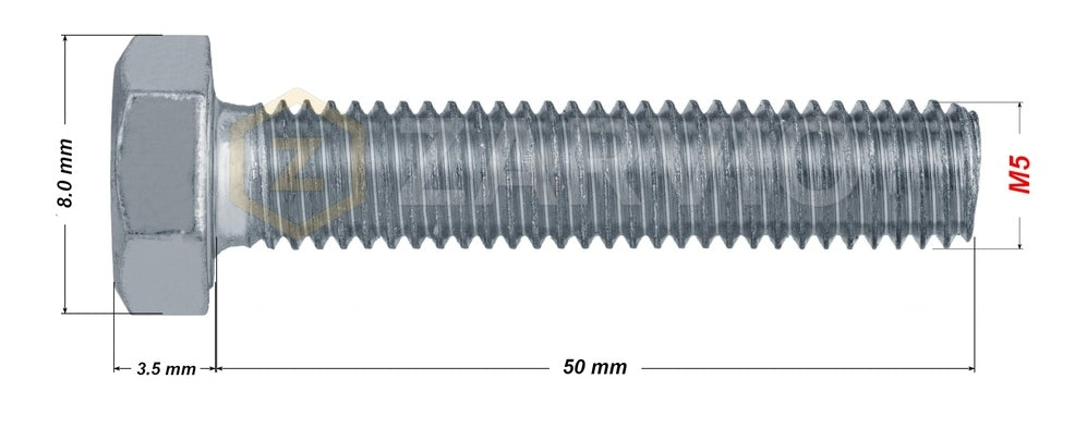 M5 x 50mm Hexagon Set Screw (DIN 933) – Zinc Plated