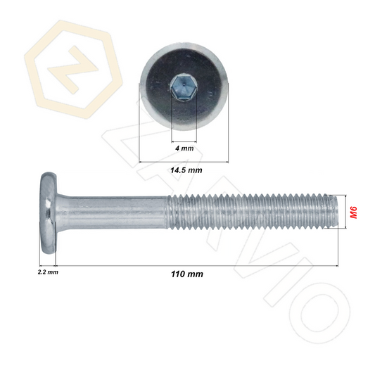 M6 x 110mm Furniture Connector Bolt, Hex Socket (M4 Allen), Zinc Plated