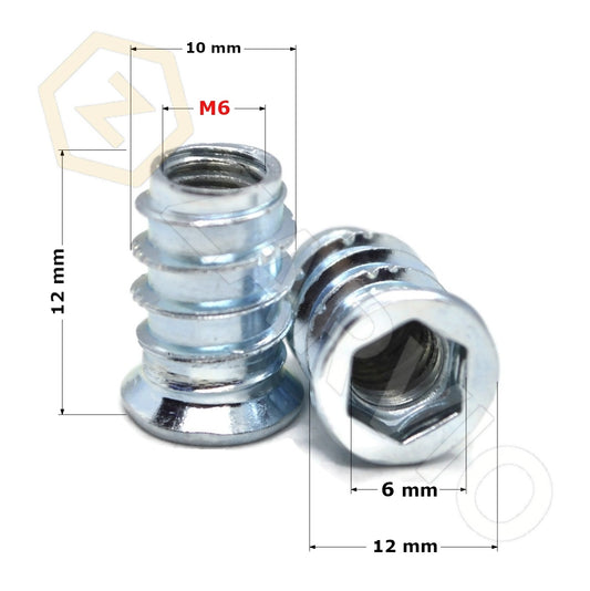 M6 x 12mm Hex Socket Flanged Wood Insert Nut Type B Zinc Plated