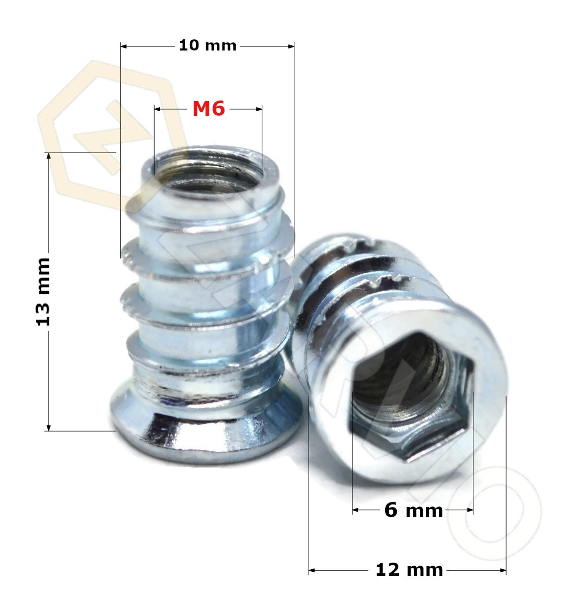 M6 x 13mm Hex Socket Flanged Wood Insert Nut Type B Zinc Plated