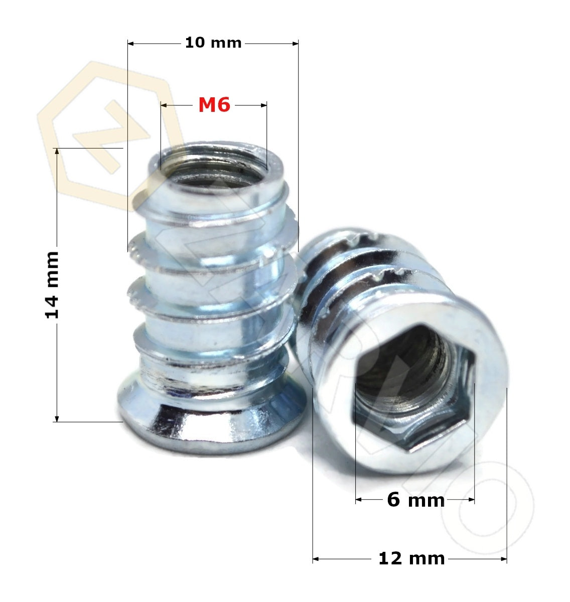 M6 x 14mm Hex Socket Flanged Wood Insert Nut Type B Zinc Plated
