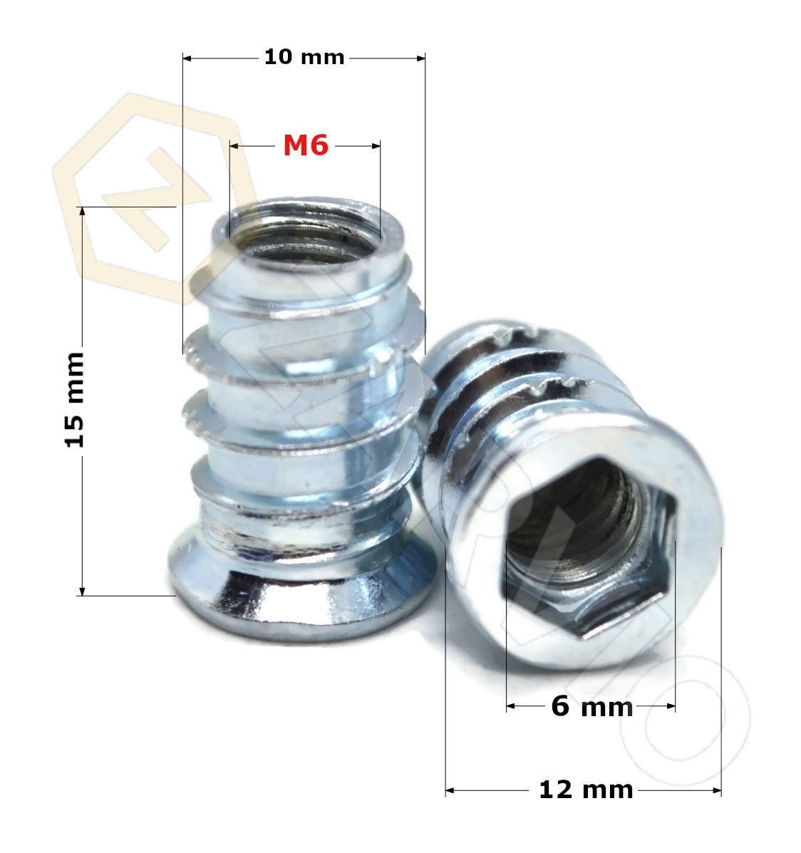 M6 x 15mm Hex Socket Flanged Wood Insert Nut Type B Zinc Plated