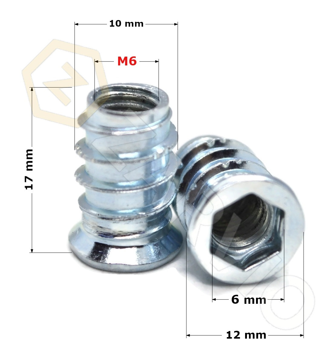 M6 x 17mm Hex Socket Flanged Wood Insert Nut Type B Zinc Plated