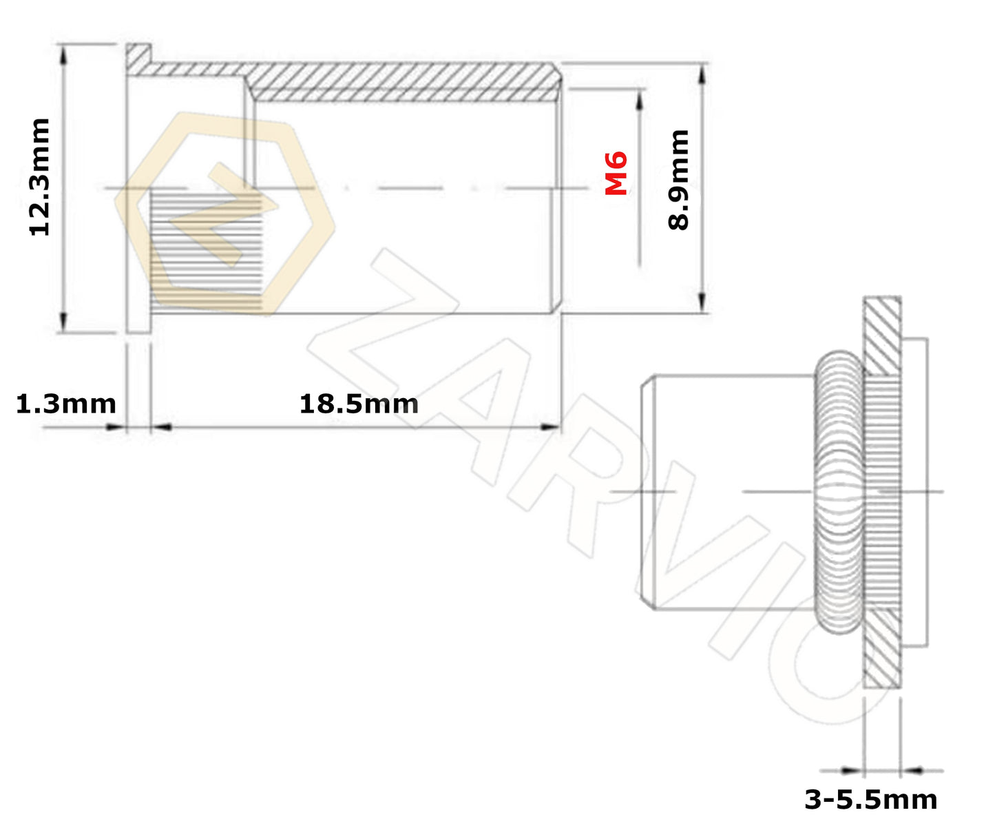 M6 x 18.5mm Steel Rivet Nut Flat Flange Knurled Open Type Zinc Plated