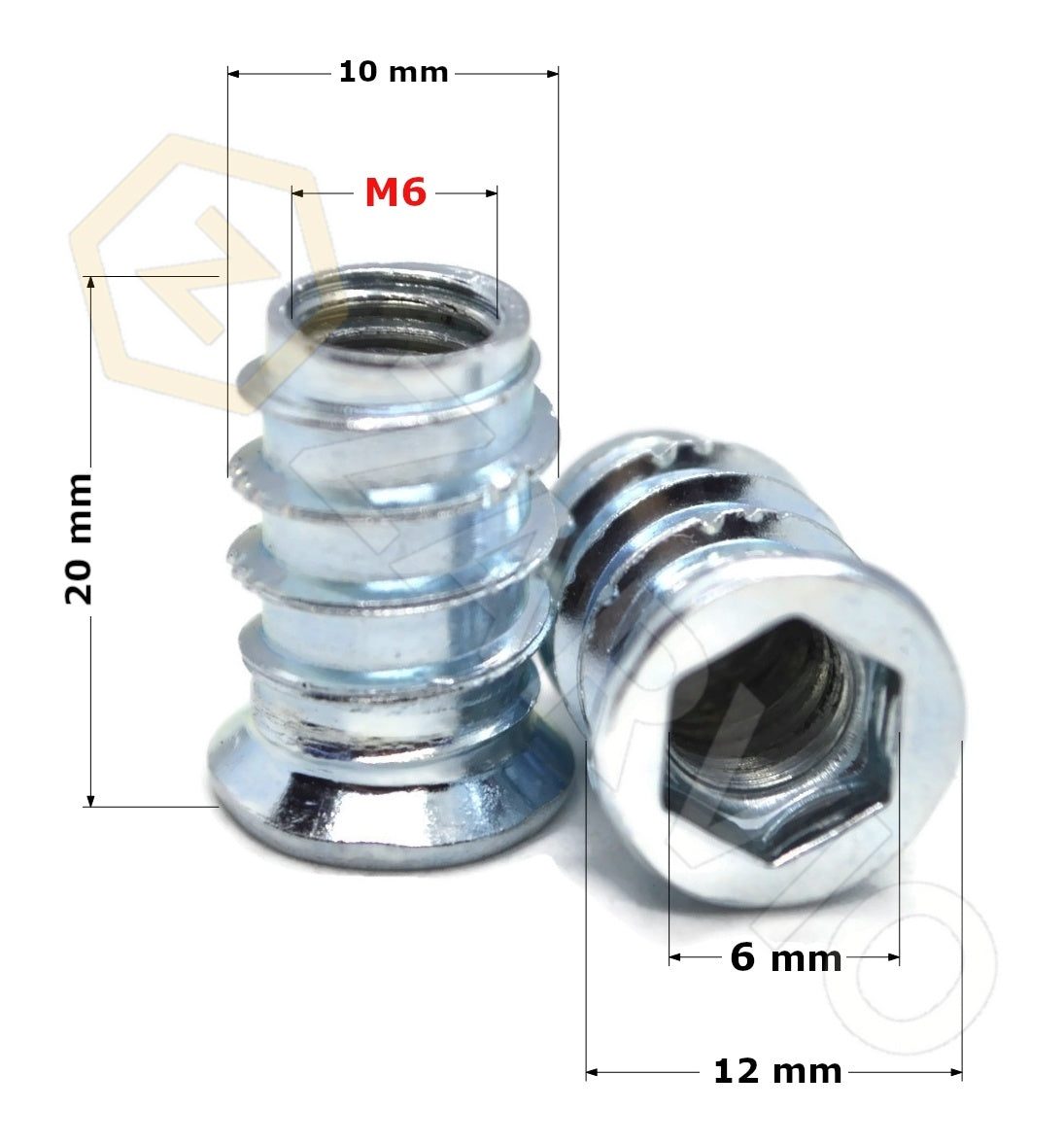 M6 x 20mm Hex Socket Flanged Wood Insert Nut Type B Zinc Plated