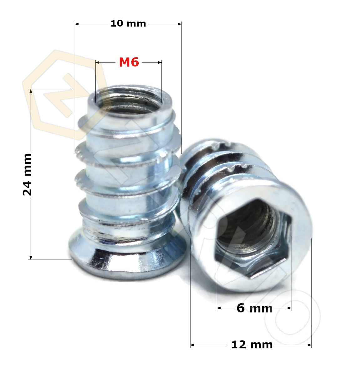 M6 x 24mm Hex Socket Flanged Wood Insert Nut Type B Zinc Plated