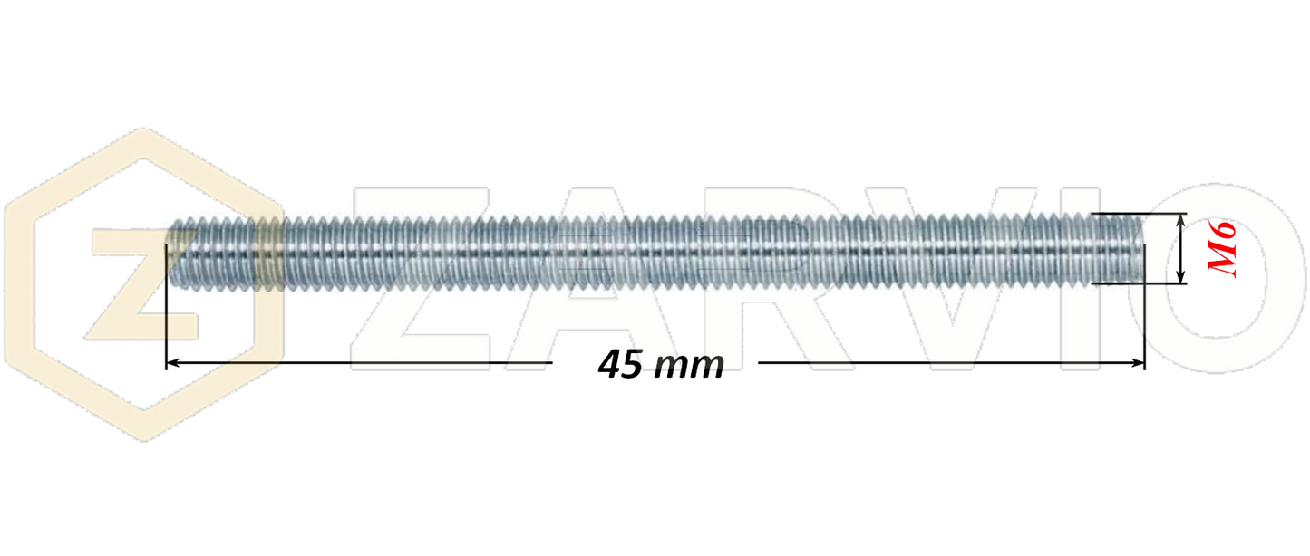M6 x 45mm Steel Threaded Bars Metric Studding Rods with 2 Nuts & 2 Washers