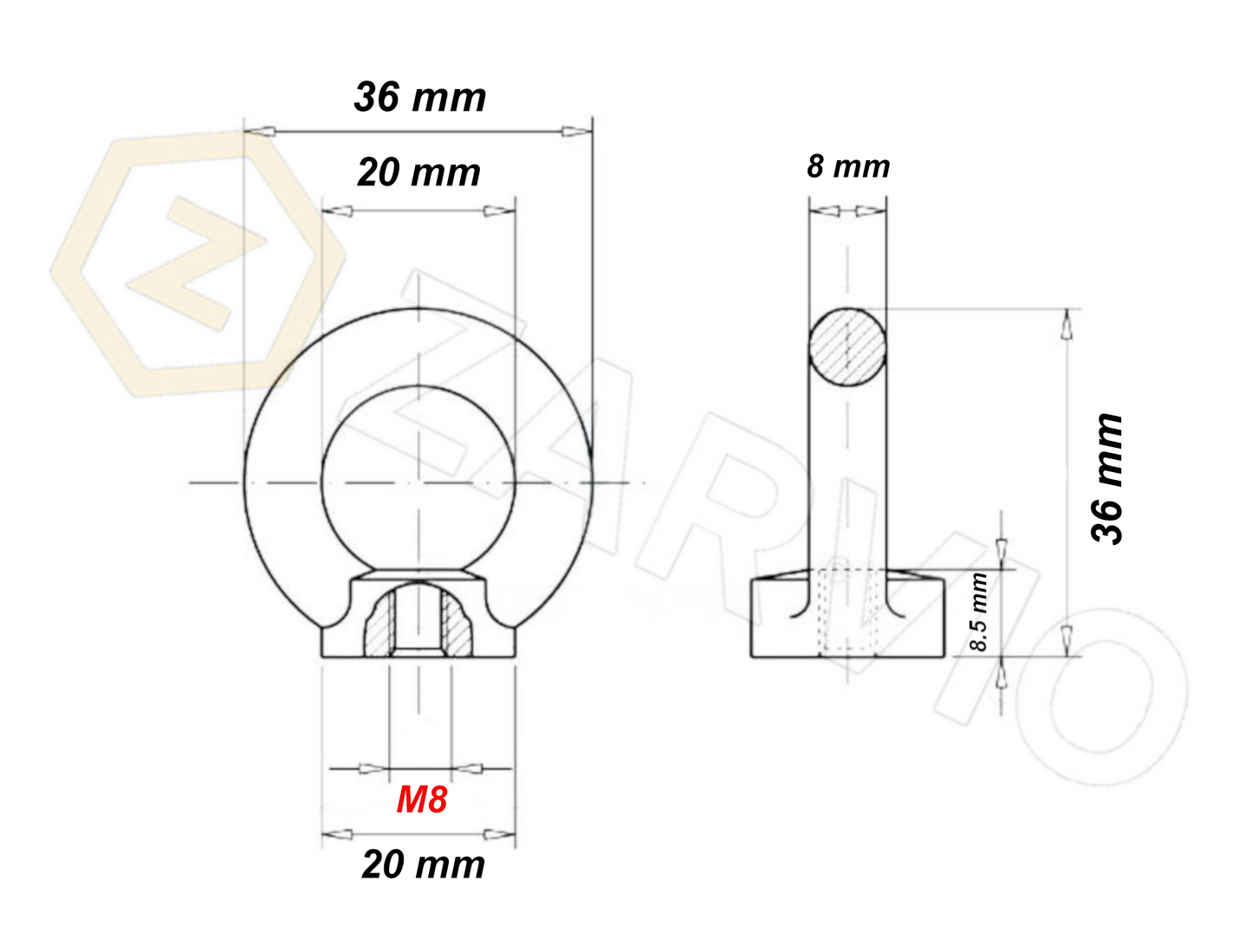 M8 Galvanised DIN 582 Eye Nut with 140kg WLL / SWL