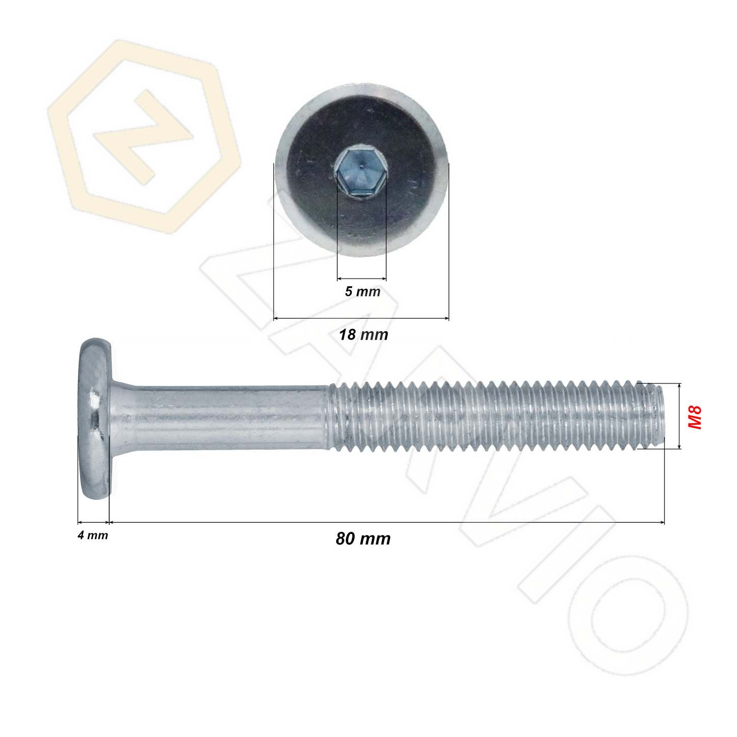 M8 x 80mm Furniture Connector Bolt, Hex Socket (M5 Allen), Zinc Plated
