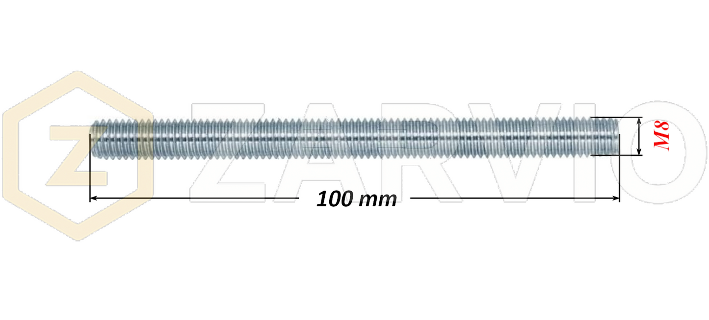 M8 x 100mm Steel Threaded Bars Metric Studding Rods with 2 Nuts & 2 Washers
