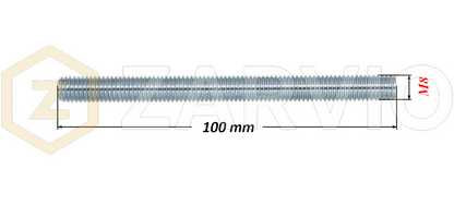 M8 x 100mm Steel Threaded Bars Metric Studding Rods with 2 Nuts & 2 Washers